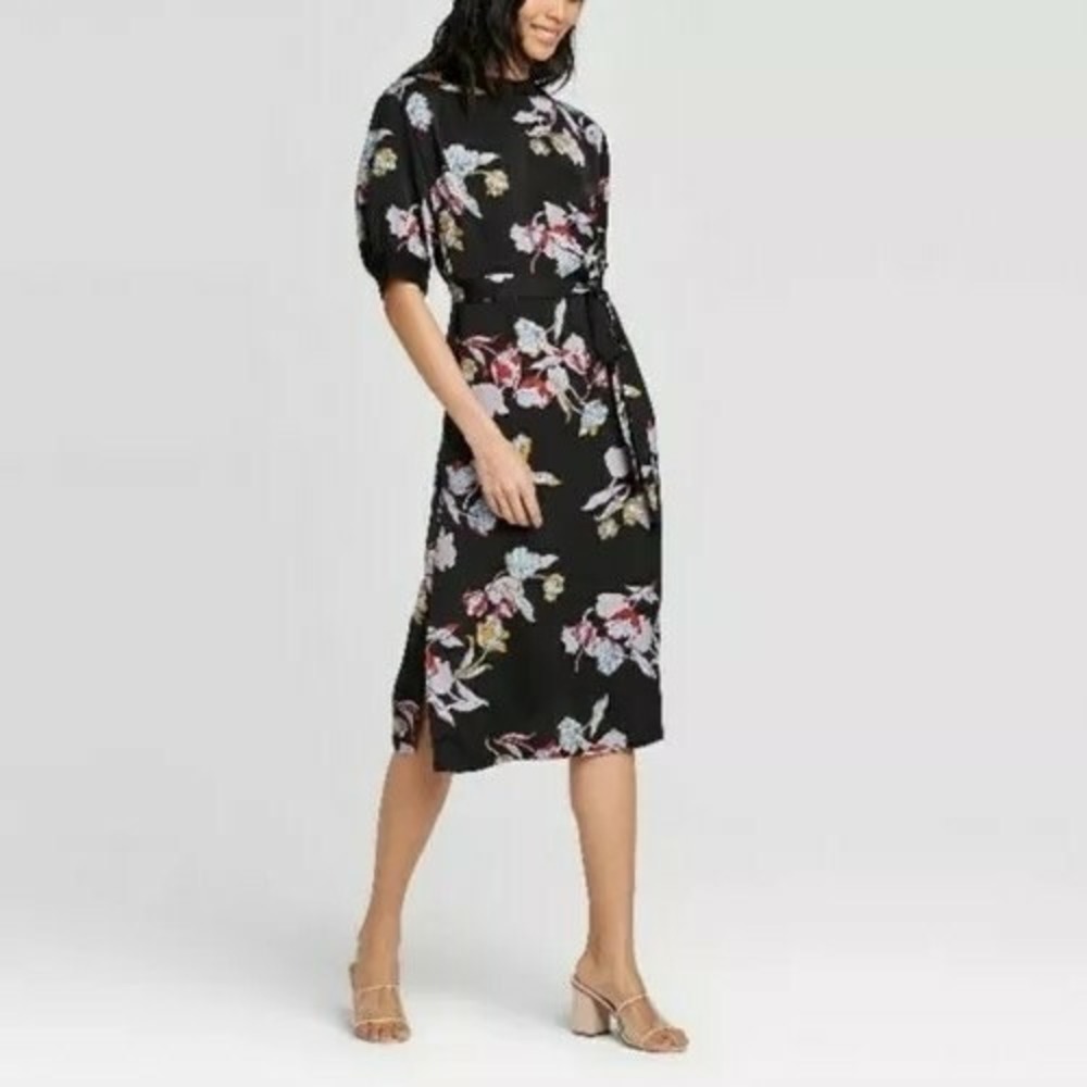 Who What Wear Floral Puff Sleeve Midi Dress garden party Belted Side Slit XL